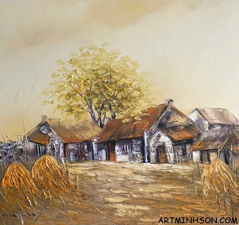 Tranh sơn dầu phong cảnh - Làng cổ Đường Lâm - Họa sĩ Nguyễn Minh Sơn
