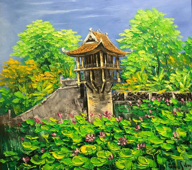 Oil painting landscape - One Pillar Pagoda - Nguyen Minh Son artist